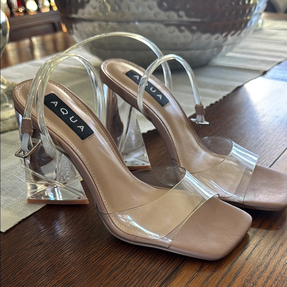 AQUA Clear Strap Nude Block Heel Sandals